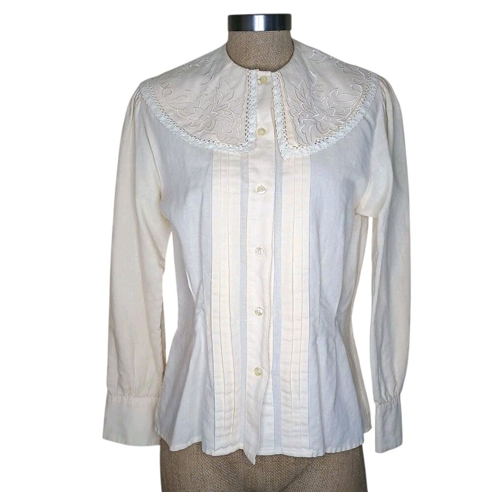 Vintage Bryn Connelly Blouse Women's Sz 8 Button Down Pleated Cream Large Collar